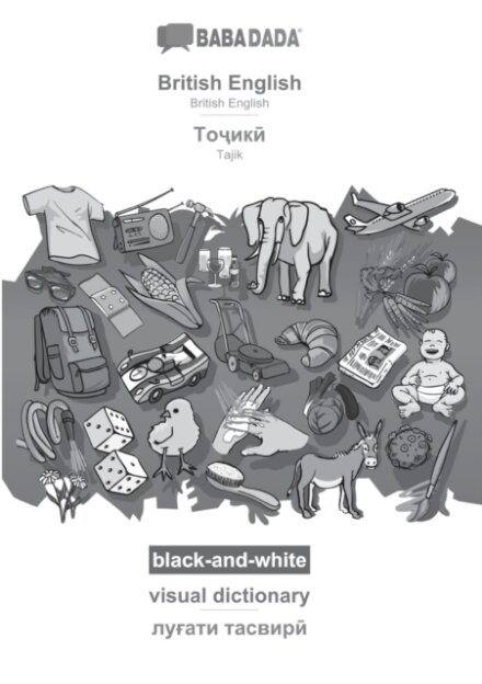 British English - Tajik (in cyrillic script), visual dictionary, BW