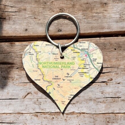 OS Map Wooden Heart Key-ring - Northumberland National Park