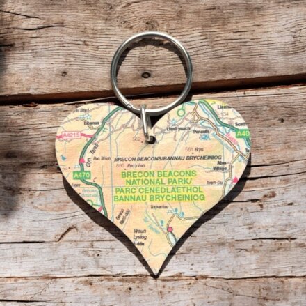 OS Map Wooden Heart Key-ring - Brecon Beacons National Park