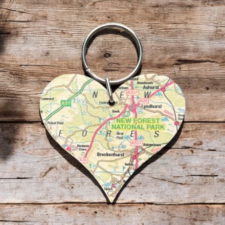 OS Map Wooden Heart Key-ring - New Forest National Park