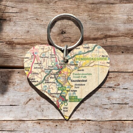 OS Map Wooden Heart Key-ring - Pembrokeshire Coast National Park