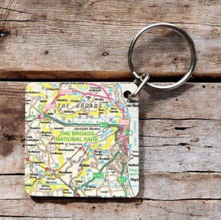 OS Map Wooden Square Key-ring - The Broads
