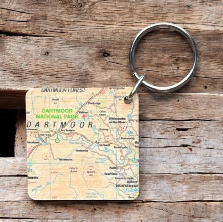 OS Map Wooden Square Key-ring - Dartmoor National Park