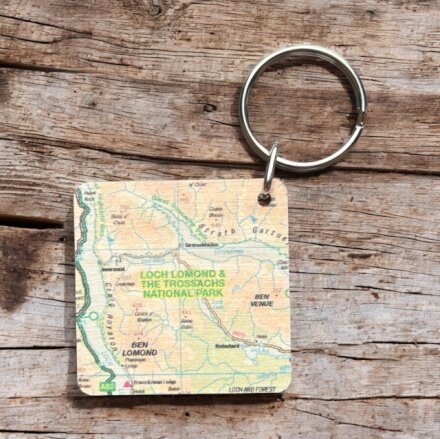 OS Map Wooden Square Key-ring - Loch Lomond and The Trossachs National Park