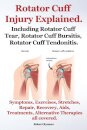 Rotator Cuff Injury Explained. Including Rotator Cuff Tear, Rotator Cuff Bursitis, Rotator Cuff Tendonitis. Symptoms, Exercises, Stretches, Repair, Recovery, Aids, Treatments, Alternative Therapies all covered.